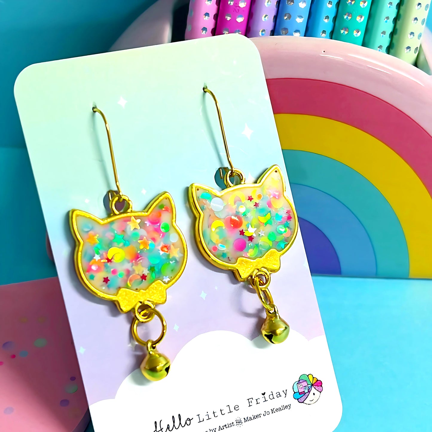 HELLO RAINBOW JINGLE KITTY :: Handmade Resin DROP Earrings