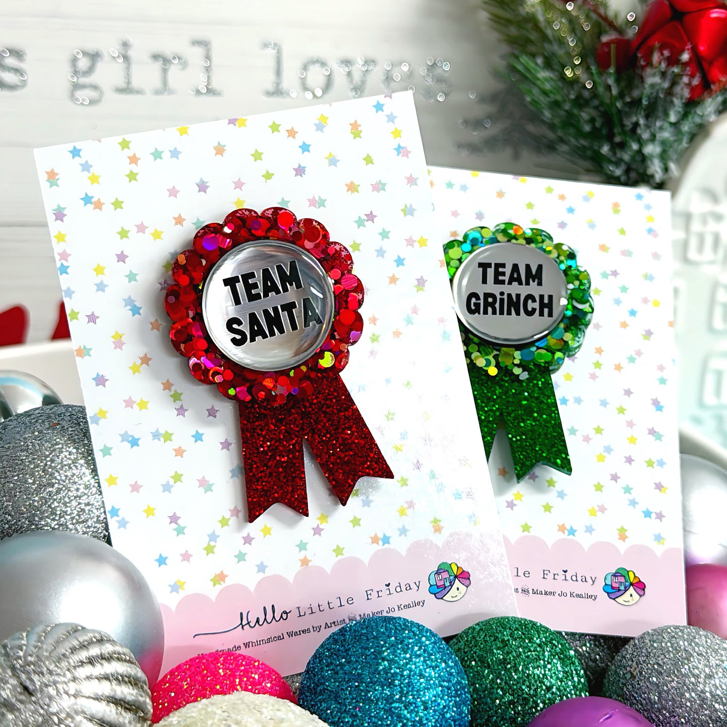 TEAM SANTA : Ruby Red Ribbon Award : Handmade Resin & Acrylic BROOCH