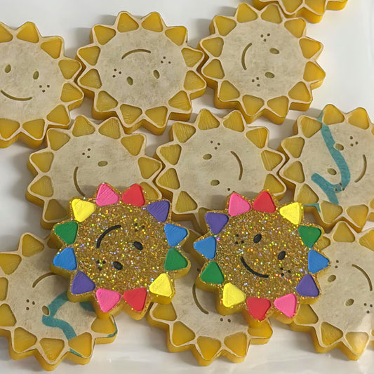 6 pairs of 24mm gold etched HAPPY SUNS : great for studs : Paint fill : Acrylic components : Destash item