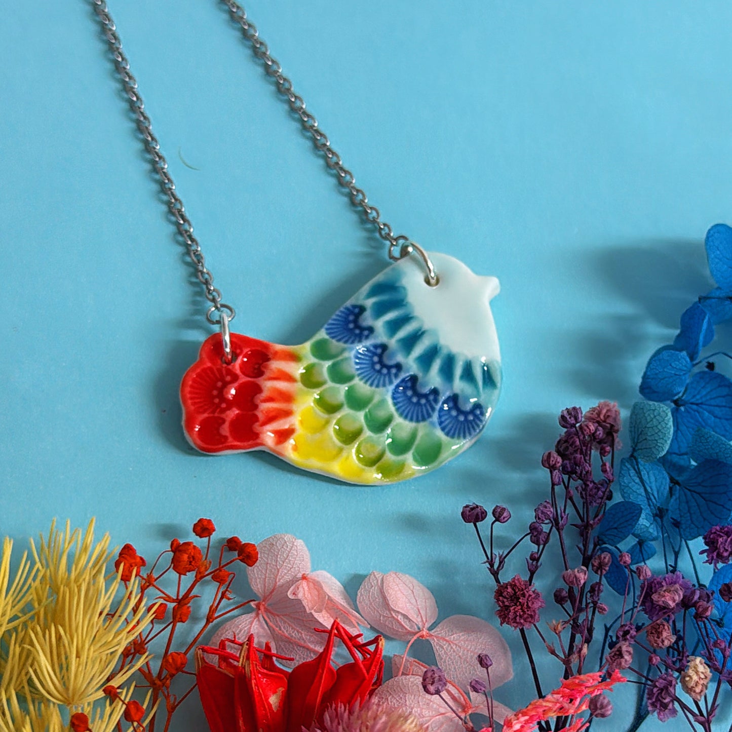 RAINBOW BLUEBIRD ~ One of a kind : Small Porcelain Pendant handmade by Jo Kealley