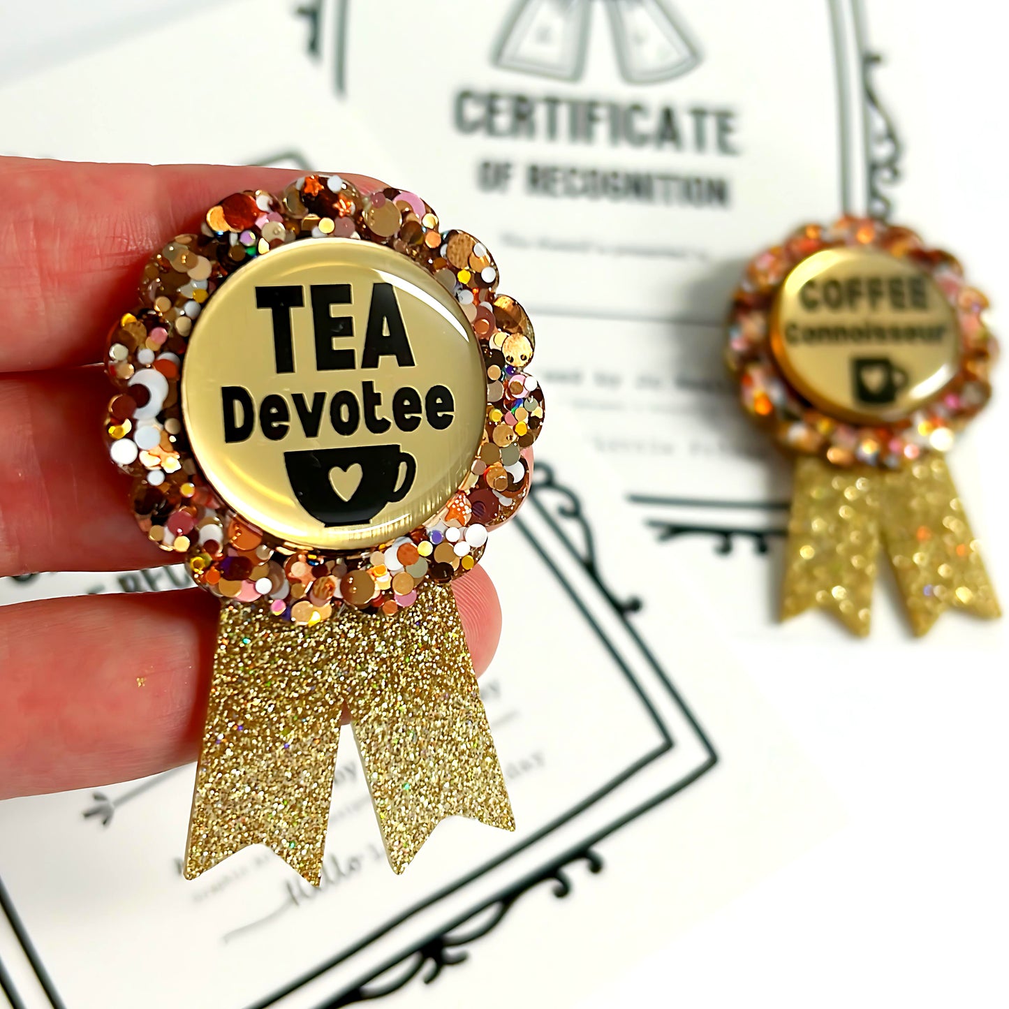 HELLO LITTLE AWARD :  Tea Devotee or Coffee Connoisseur : Handmade Resin & Acrylic BROOCH