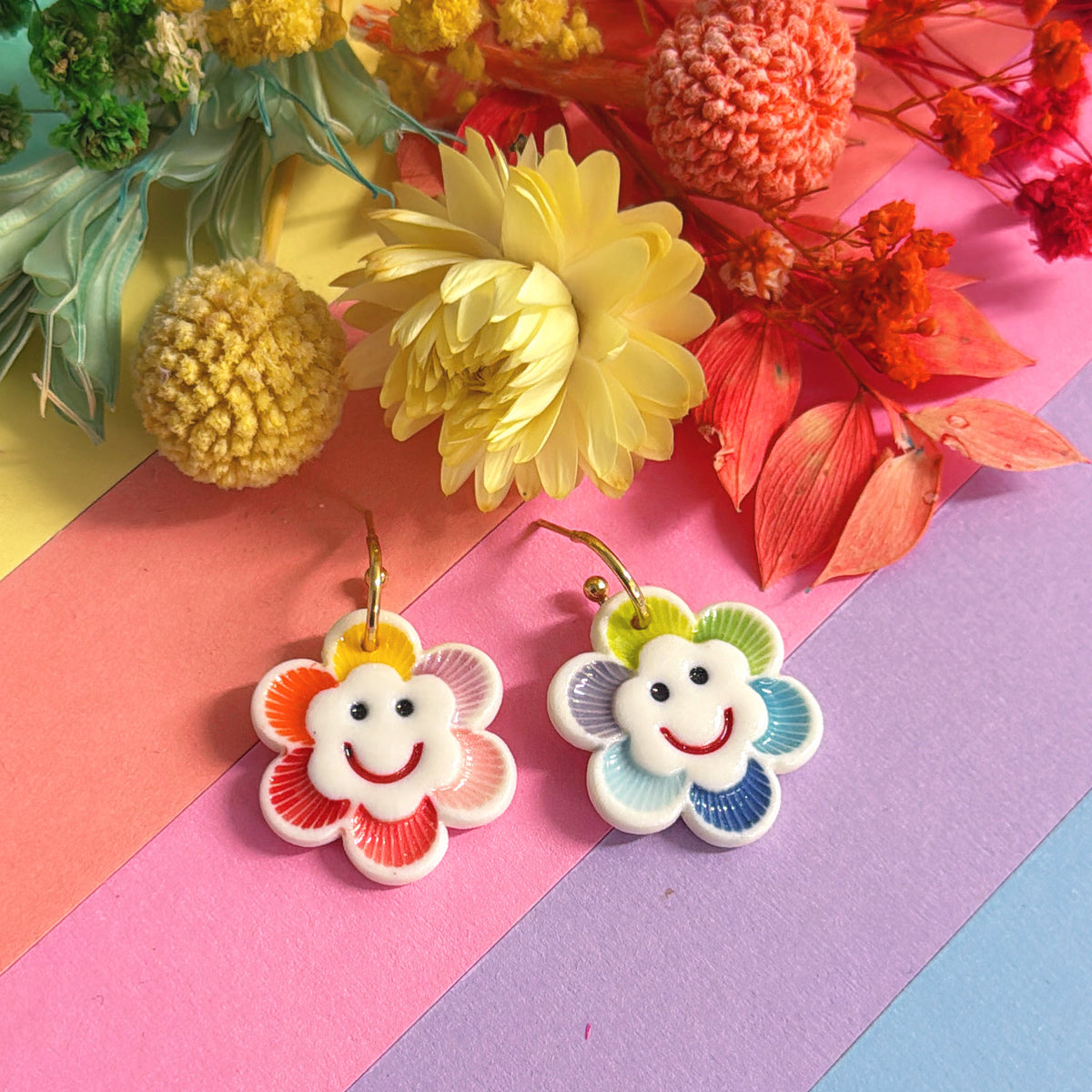 RAINBOW FIELDS : THE HAPPIEST DAISIES ~ Choose fitting colour : PORCELAIN Drop Earrings Handmade by Jo Kealley