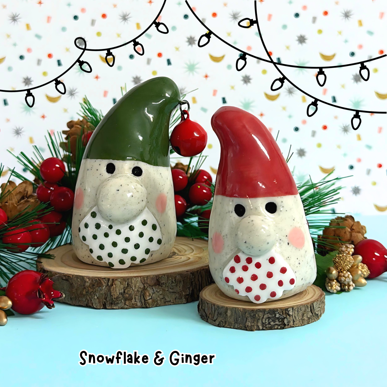 SNOWFLAKE & GINGER : Large Santa Gnome PAIR : Handmade Ceramic Whimsies by Jo Kealley