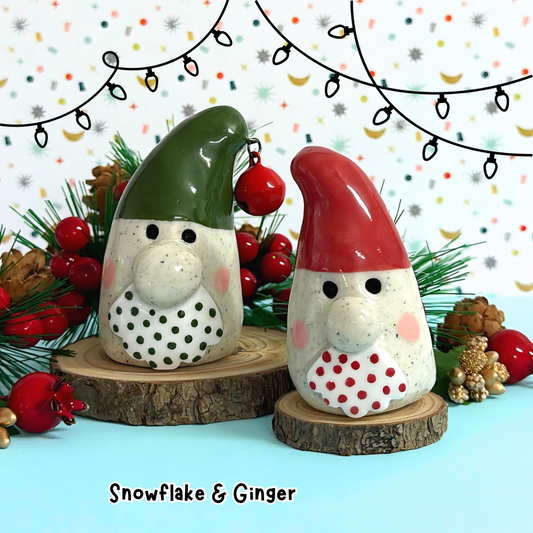 SNOWFLAKE & GINGER : Large Santa Gnome PAIR : Handmade Ceramic Whimsies by Jo Kealley