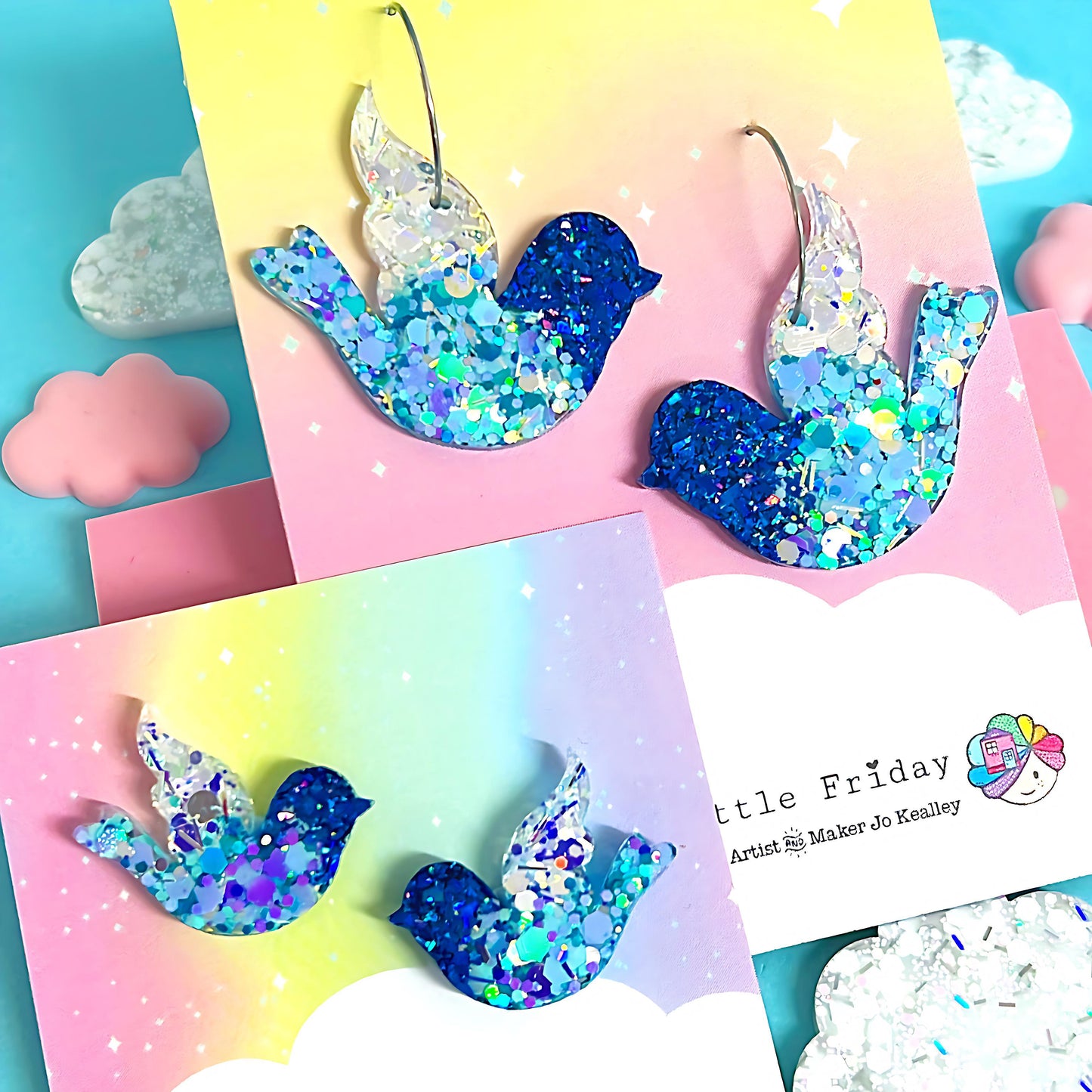 BLUEBIRD OF HAPPINESS : Choose STUD or DROP style: Handmade Holographic Resin Earrings