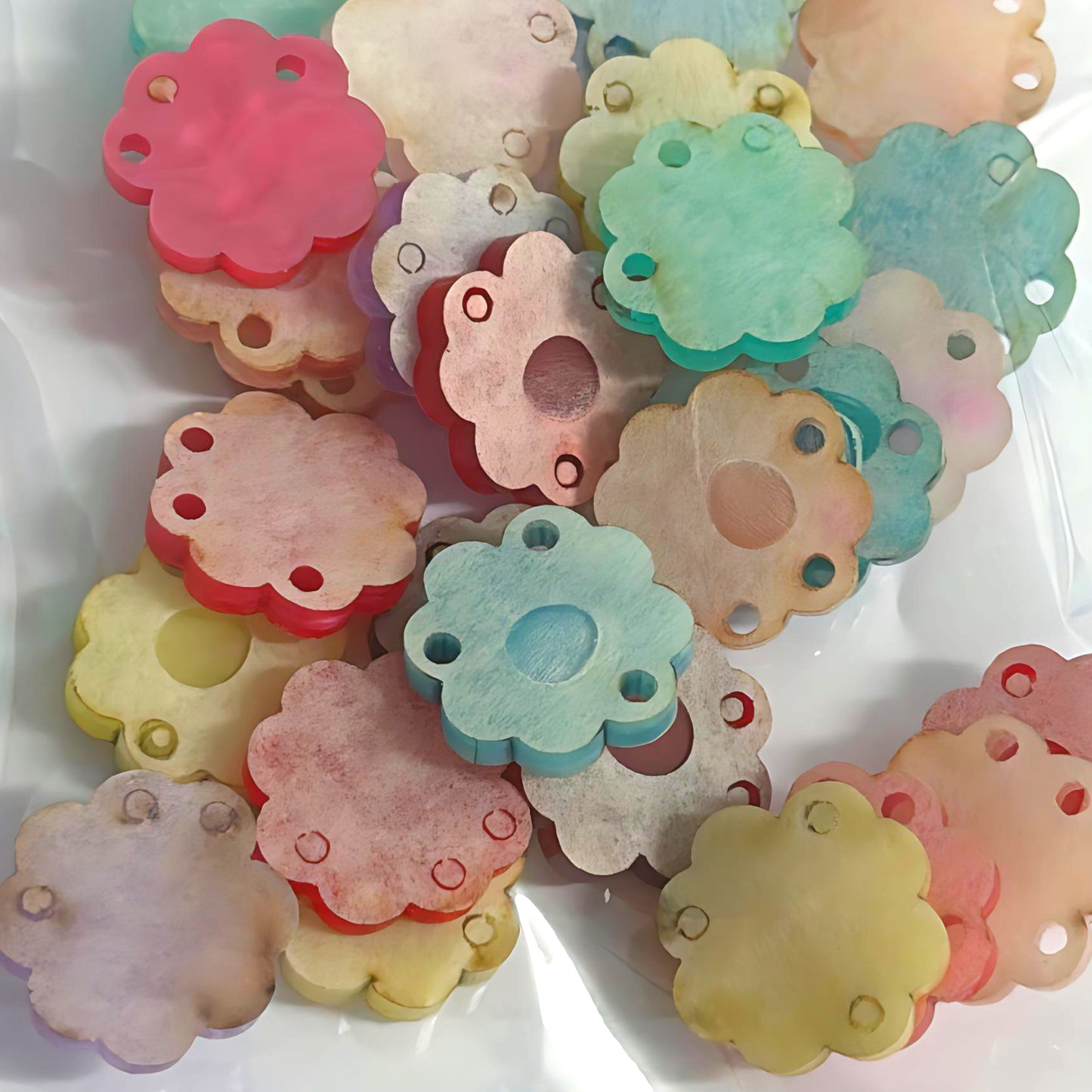 14 PAIRS 20mm assorted DAISIES : lemon, peach, red, pink, lilac, pruple, blue, aqua : Paint fill : Etched Laser Cut Acrylic components : Destash item