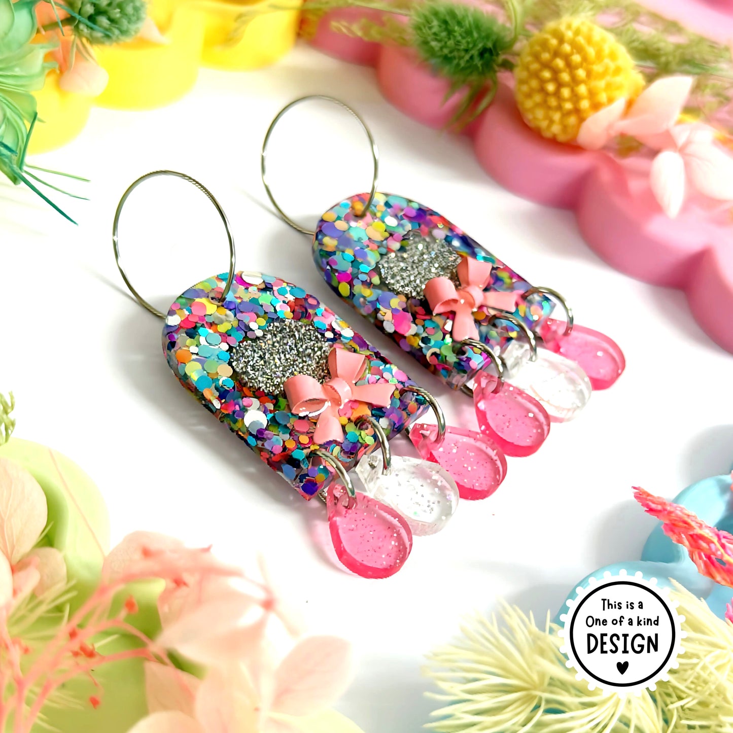 One of a Kind : RAINBOW CONFETTI HEARTS : Handmade Resin DROP Earrings