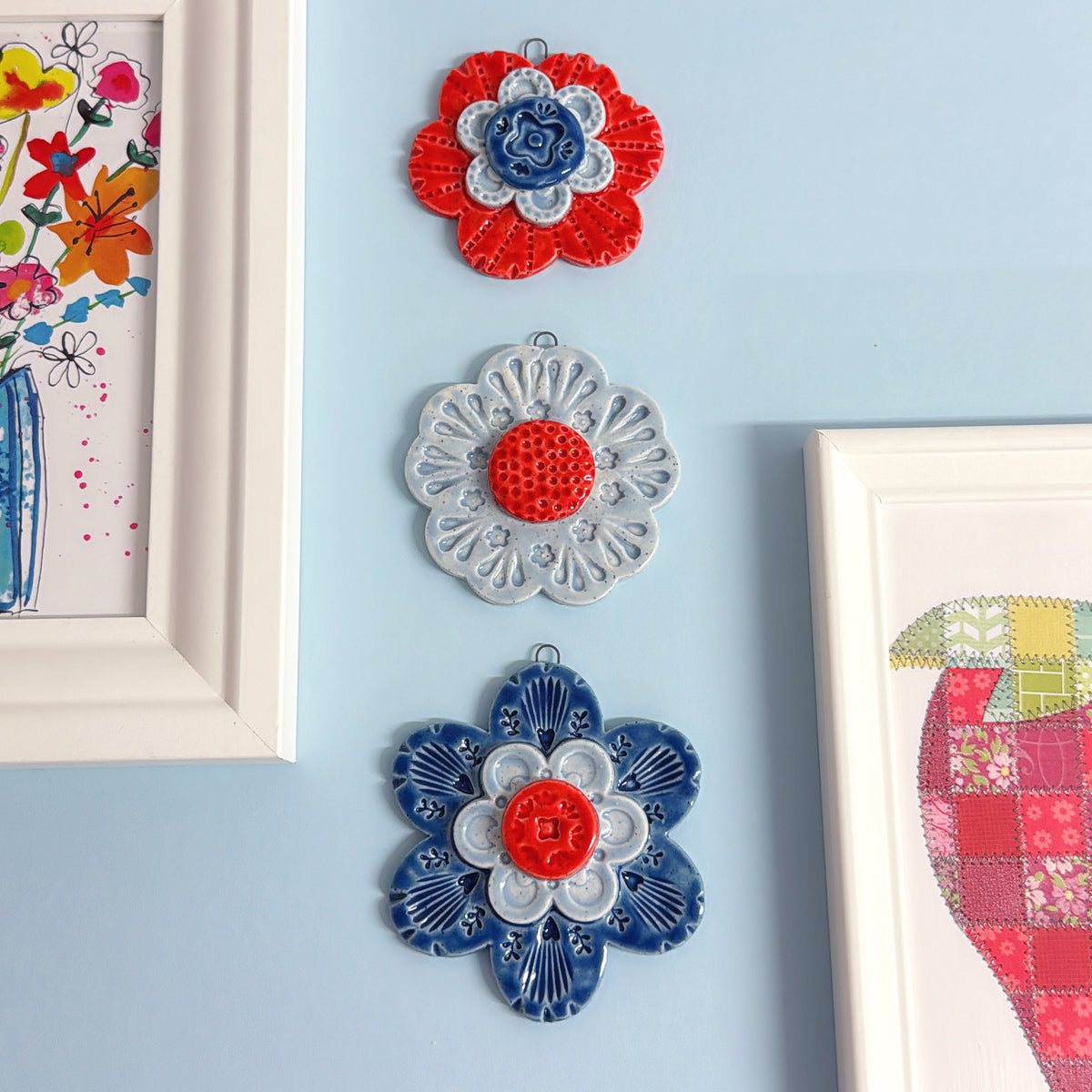 Ruby red Sky Blue & Cobalt 💙 WALLFLOWERS Wall Art : Choose your design : Handmade Ceramic Ornaments by Jo Kealley