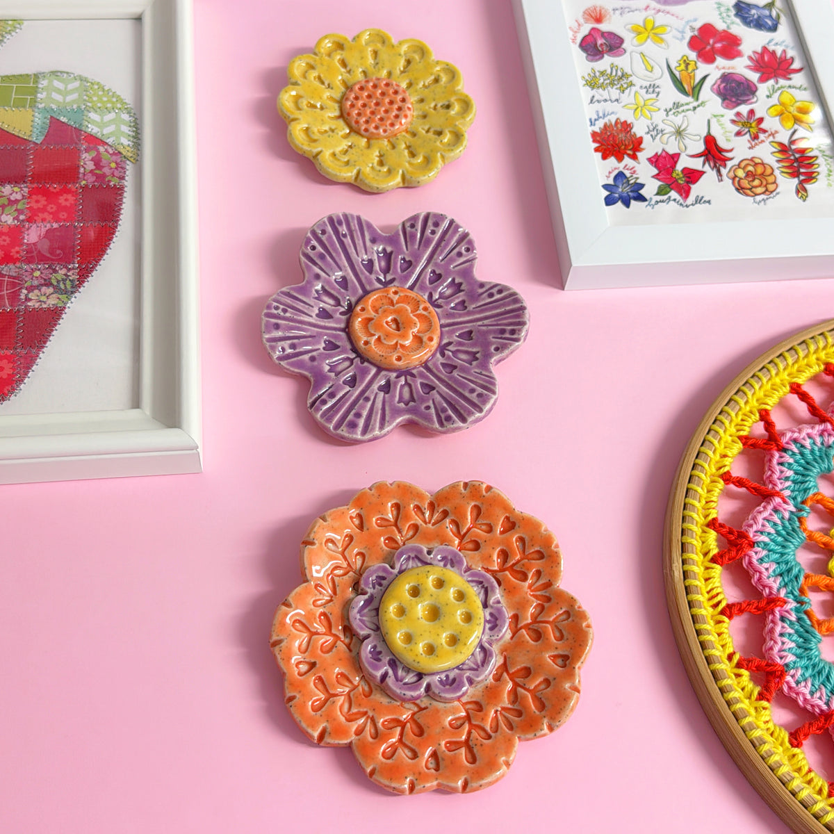 Sunshine Peach & Lilac WALLFLOWERS Wall Art : Choose your design : Handmade Ceramic Ornaments by Jo Kealley