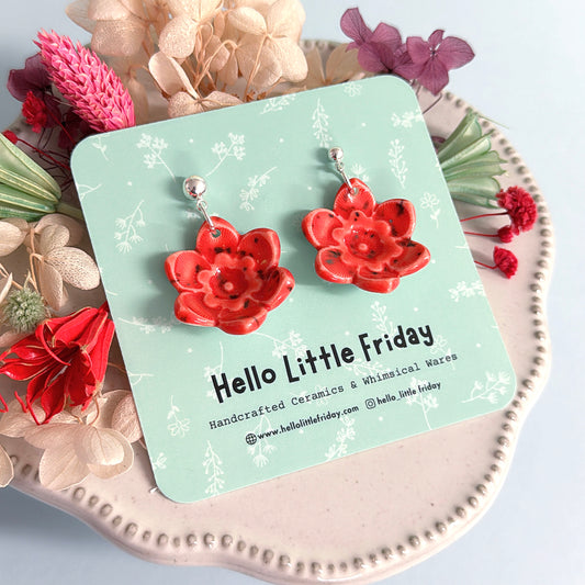 One of a kind RUBY RED STARFLOWER : PORCELAIN Drop Earrings Handmade by Jo Kealley