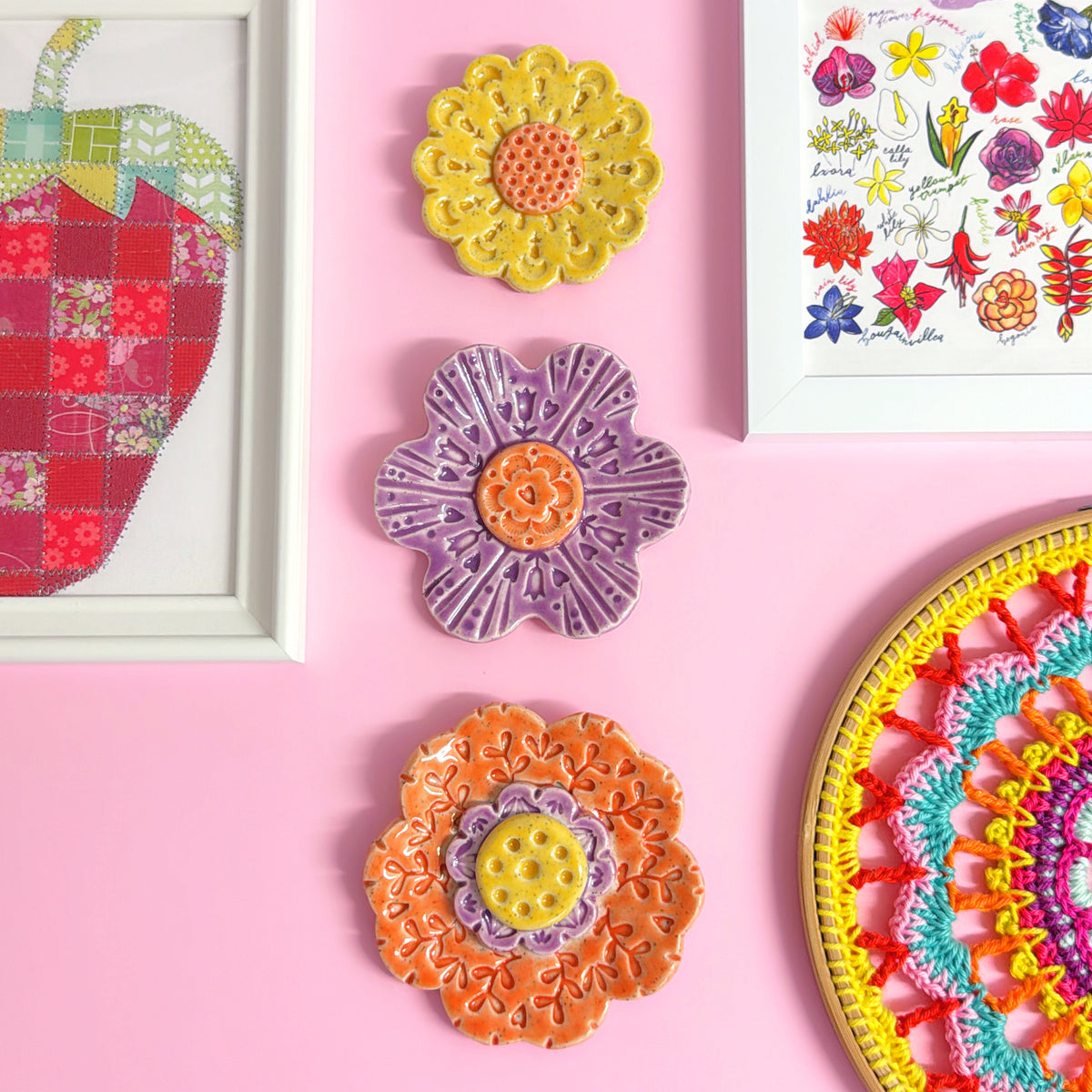 Sunshine Peach & Lilac WALLFLOWERS Wall Art : Choose your design : Handmade Ceramic Ornaments by Jo Kealley