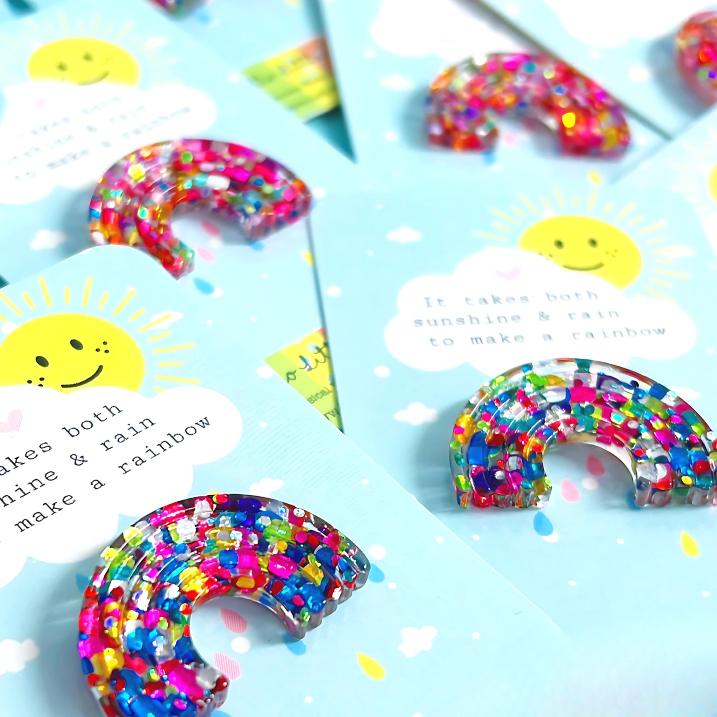 IT TAKES BOTH SUNSHINE & RAIN TO MAKE A RAINBOW : Bright confetti : BROOCH : Handmade Resin