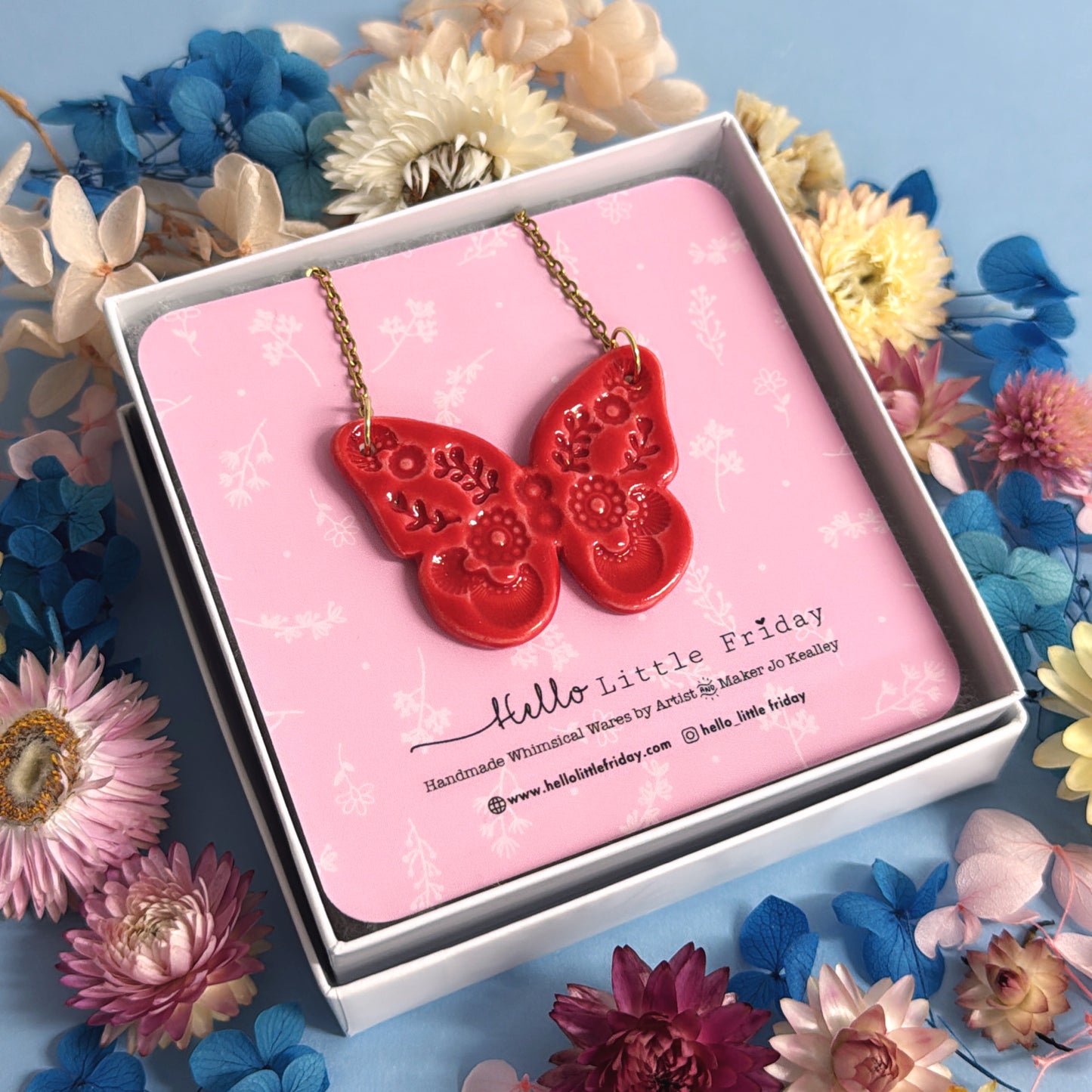 BUTTERFLY FLUTTERBY : Ruby Red ~ One of a kind : Medium Porcelain Pendant by Jo Kealley