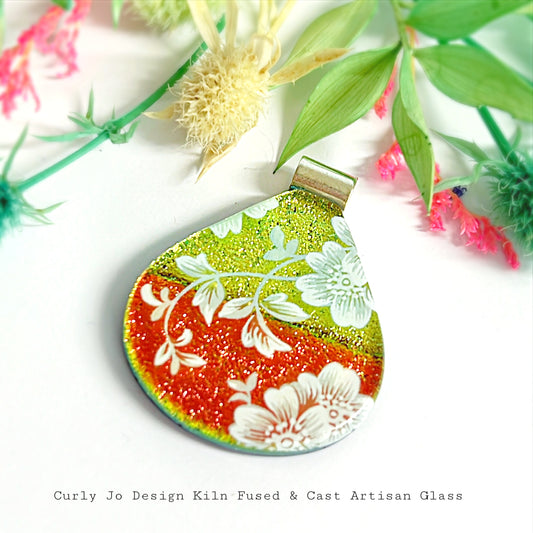 Pink Peach Shimmer Floral - Handcrafted Artisan Glass Pendant : Kiln-fused Dichroic Glass