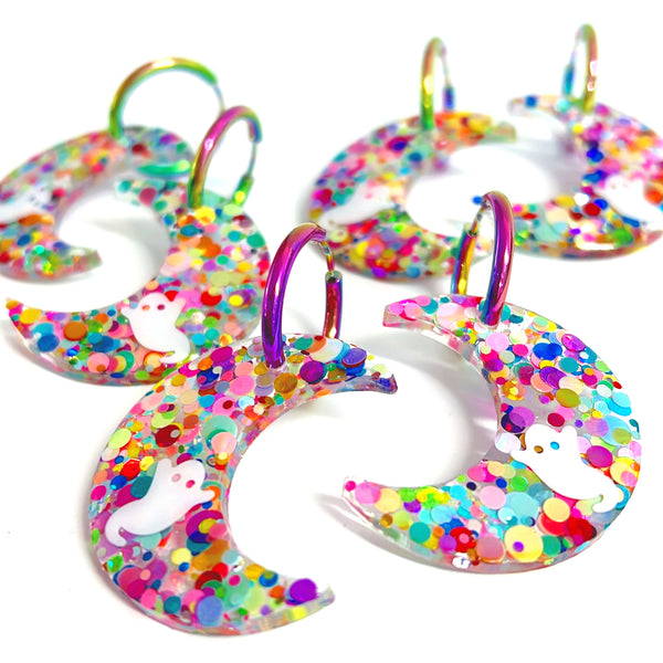 RAINBOW SPOOKY MOON : Handmade Holographic Resin DROP Earrings