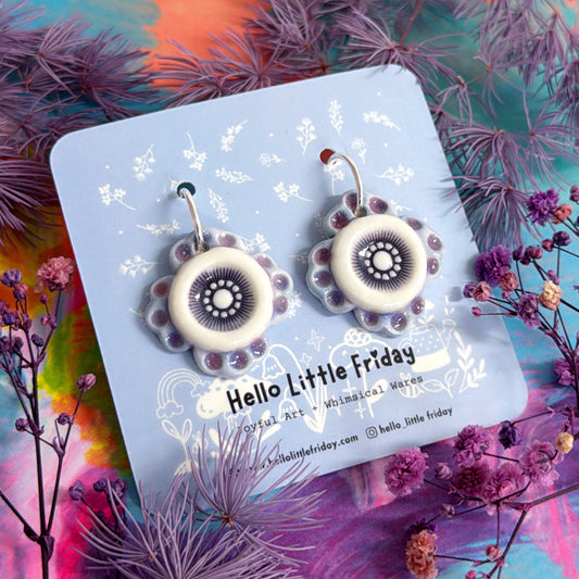RUFFLE STARS Violet & Lavender ~ PORCELAIN Drop Earrings Handmade by Jo Kealley