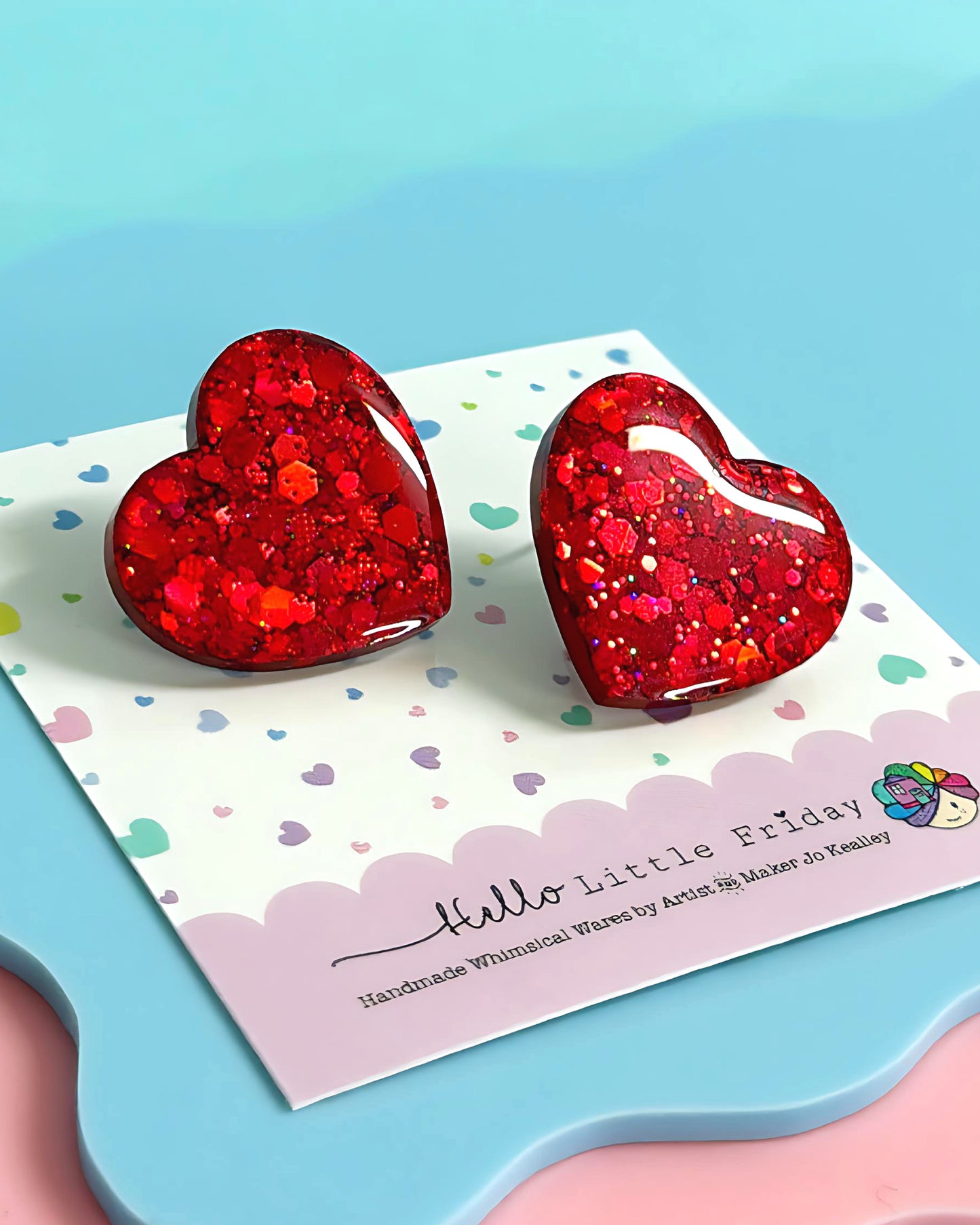 RUBY DISCO HEART : Mega STUD : Handmade Resin Earrings