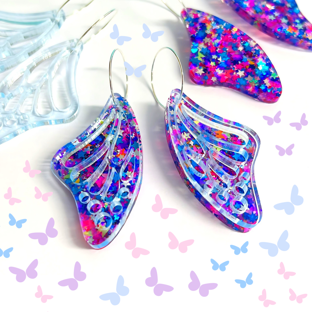 BUTTERFLY MAGIC WINGS : Can be worn 3 ways : Handmade Holographic Resin & Acrylic DROP Earrings