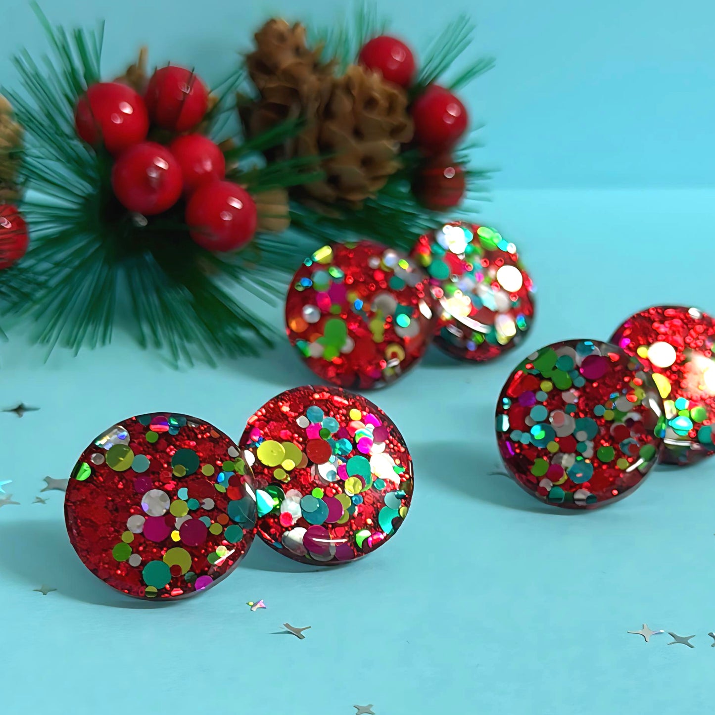 RUBY & EMERALD CONFETTI : FESTIVE MIDI STUDS : Handmade Resin STUD Earrings