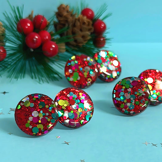 RUBY & EMERALD CONFETTI : FESTIVE MIDI STUDS : Handmade Resin STUD Earrings