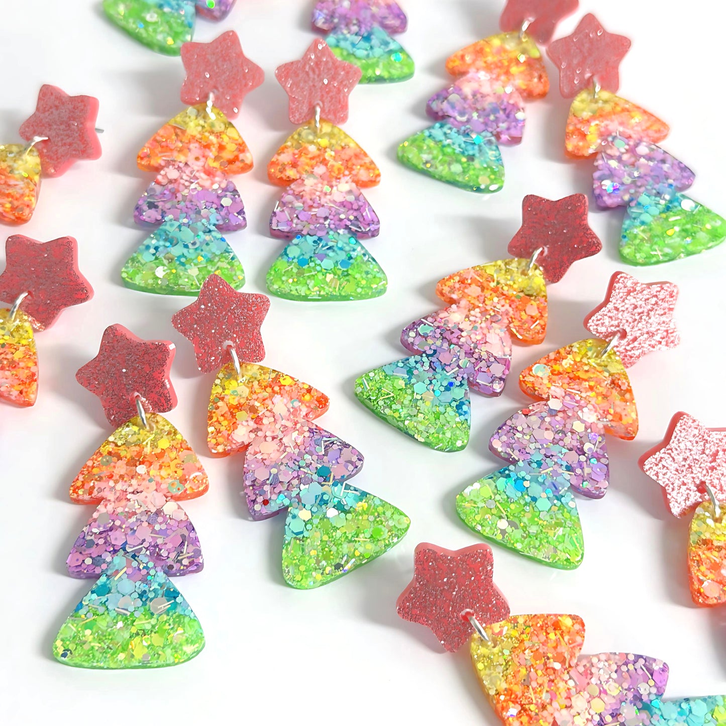PASTEL RAINBOW OMBRÈ CHRISTMAS TREES : Handmade Resin & Acrylic Stud-top DROP Earrings on