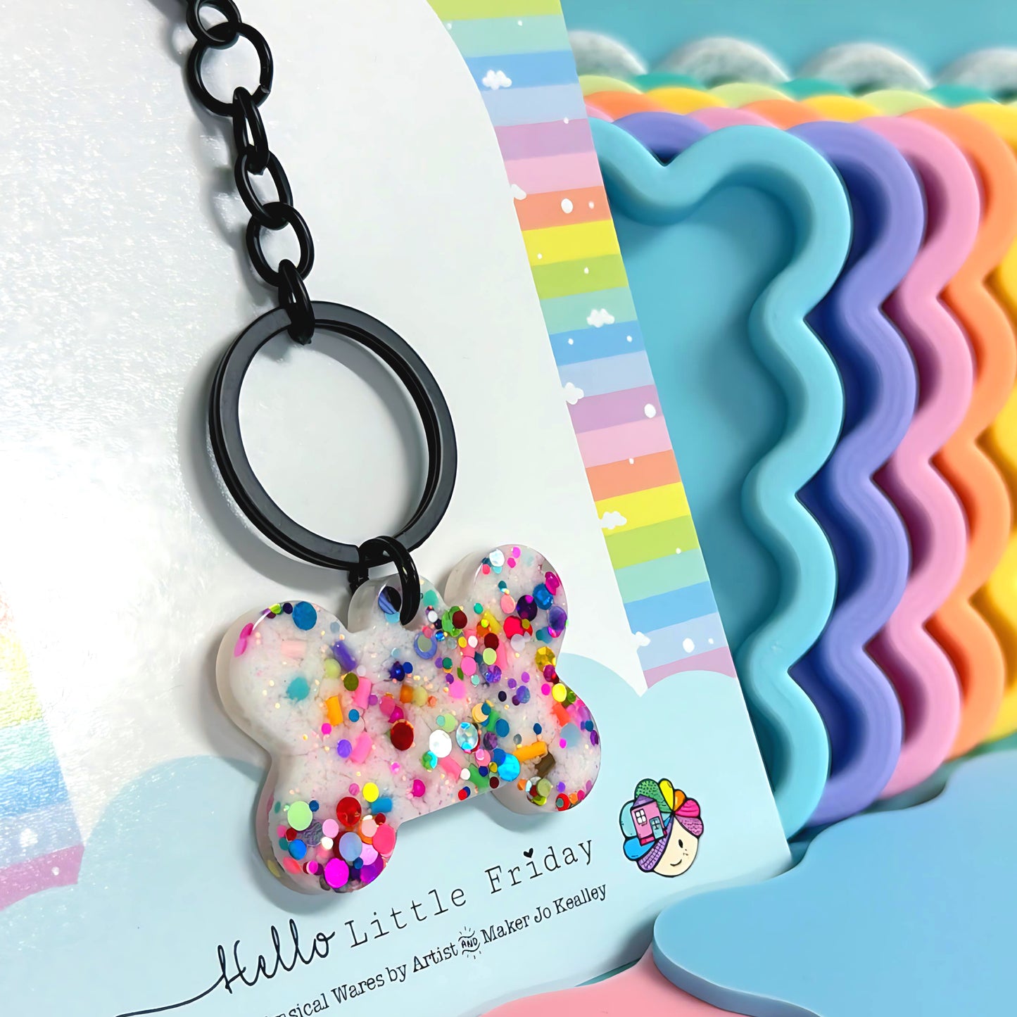 RAINBOW CONFETTI BONE DOG PET : Handmade Resin KEY CHAIN or BAG CHARM