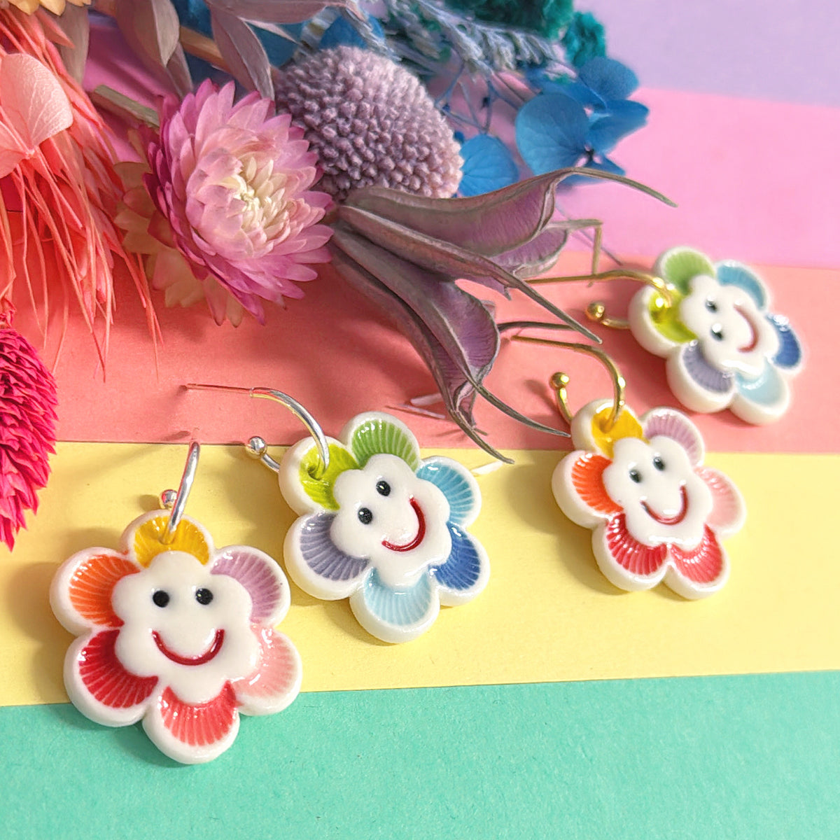 RAINBOW FIELDS : THE HAPPIEST DAISIES ~ Choose fitting colour : PORCELAIN Drop Earrings Handmade by Jo Kealley