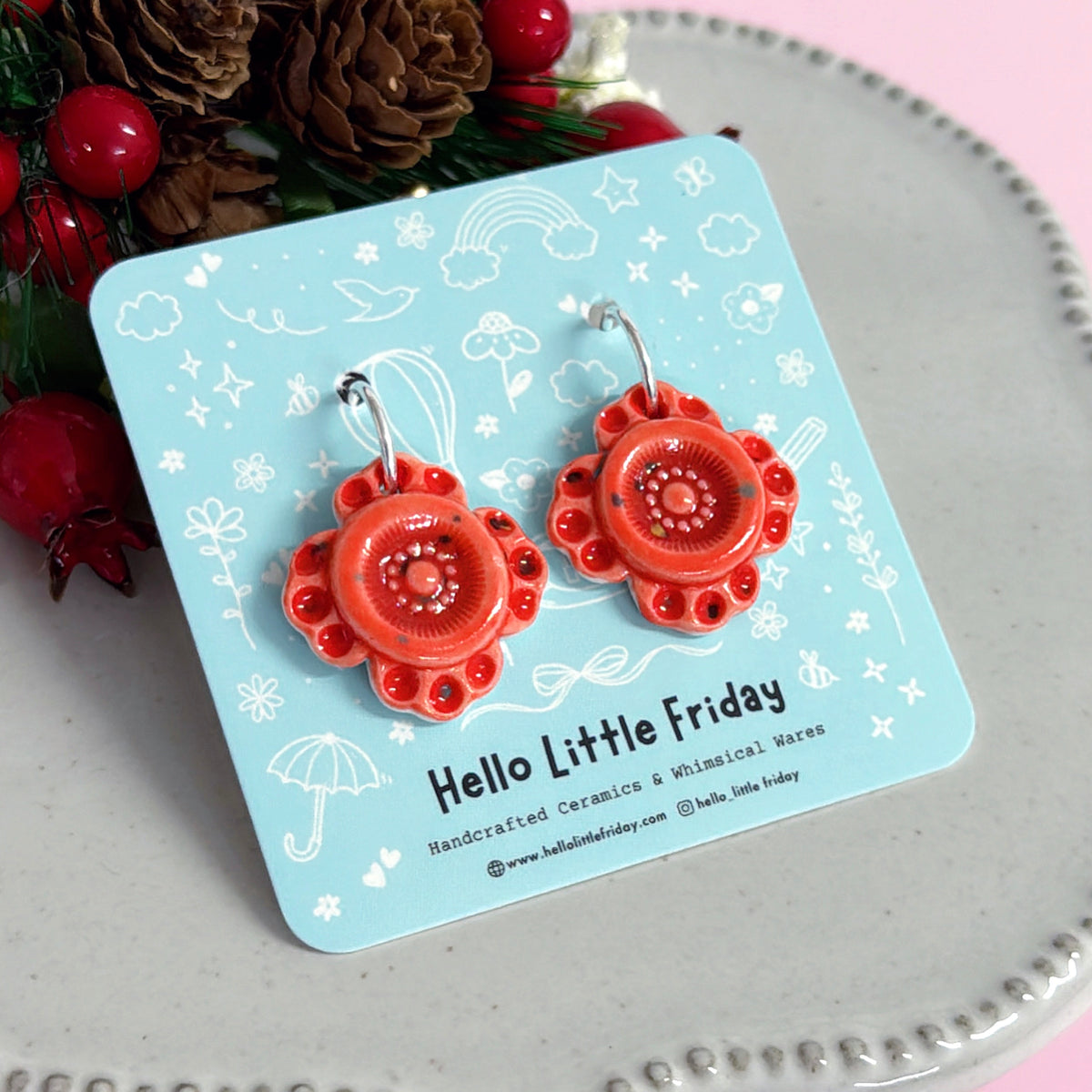 RUFFLE STARS Ruby Red ~ PORCELAIN Drop Earrings Handmade by Jo Kealley