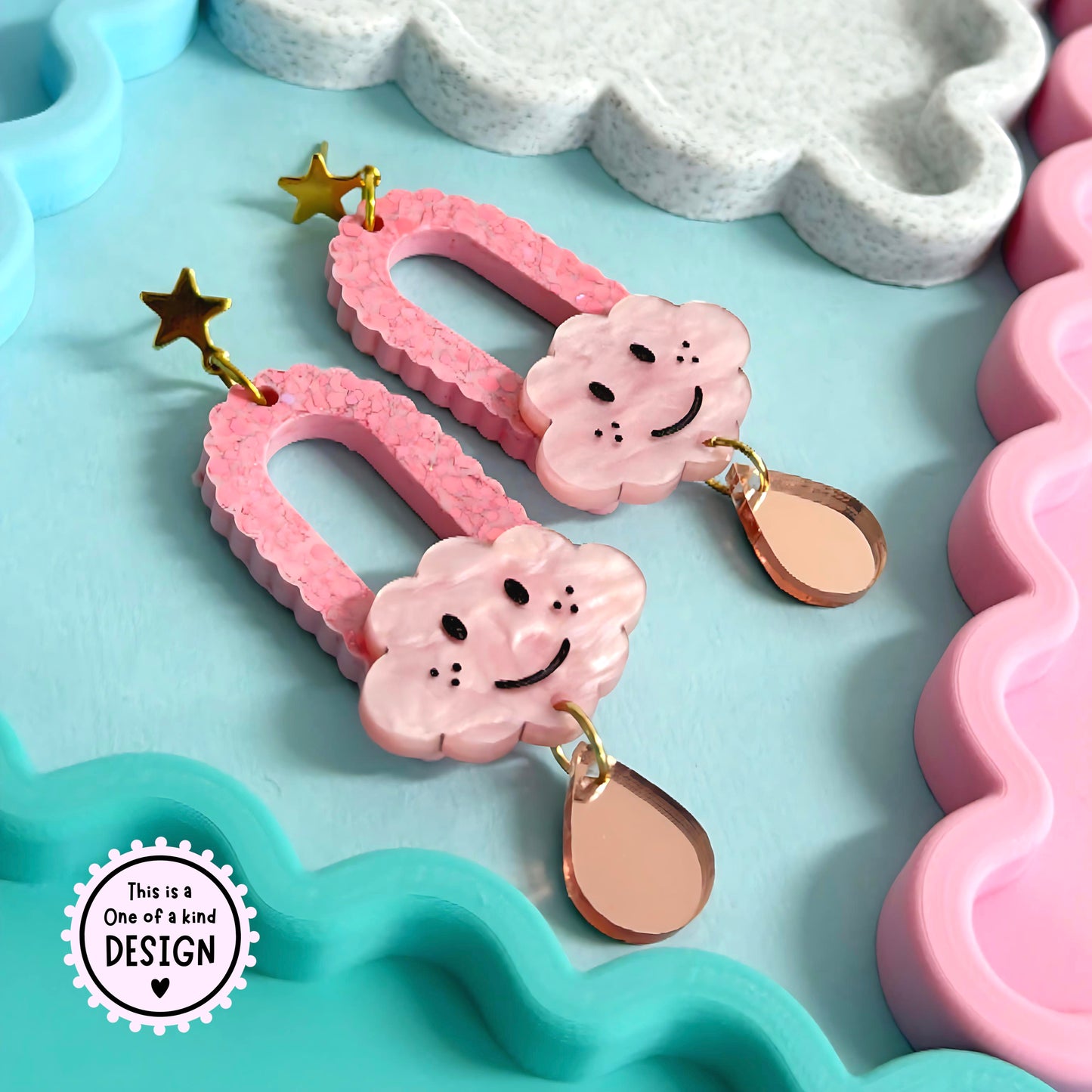 One of a Kind : HAPPY CLOUDS : Handmade Resin & Acrylic DROP Earrings