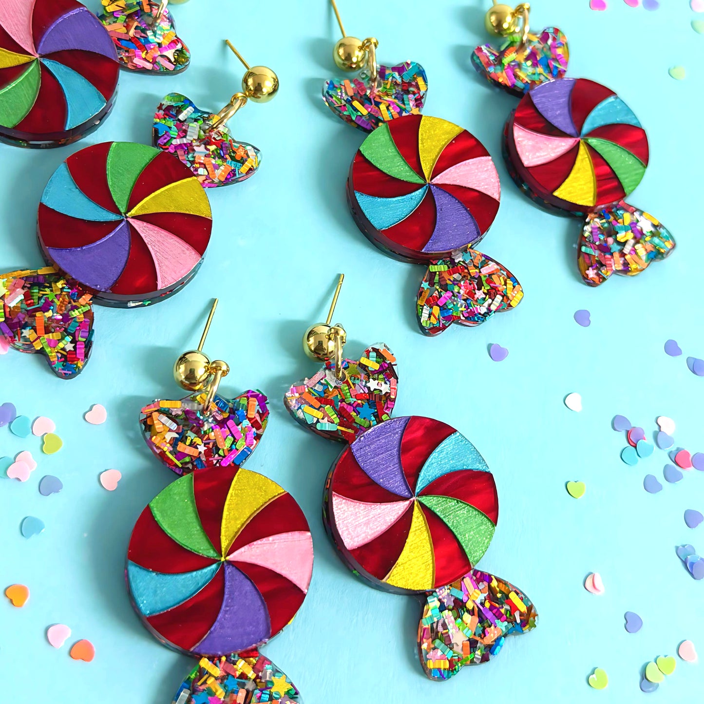 HELLO CHRISTMAS SWEETIE BON BONS : Rainbow Tinsel : Handmade Resin & Acrylic DROP Earrings