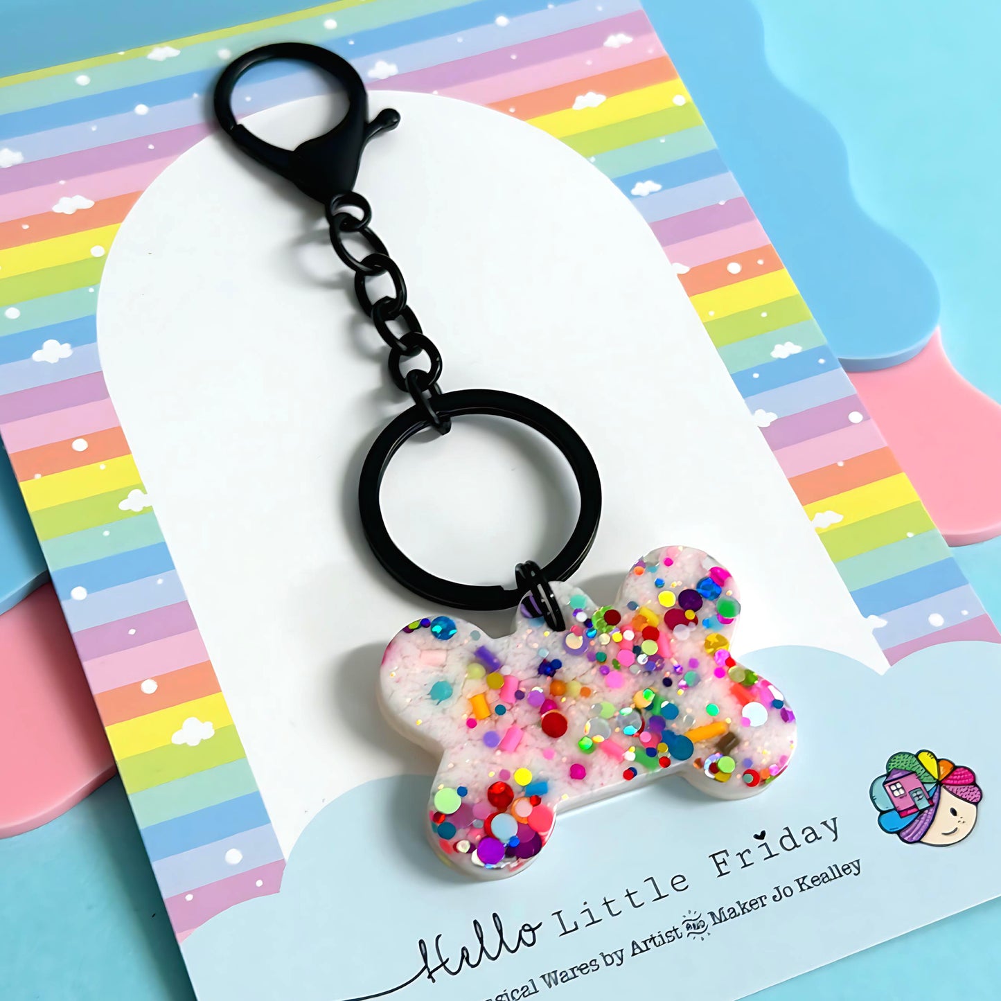 RAINBOW CONFETTI BONE DOG PET : Handmade Resin KEY CHAIN or BAG CHARM