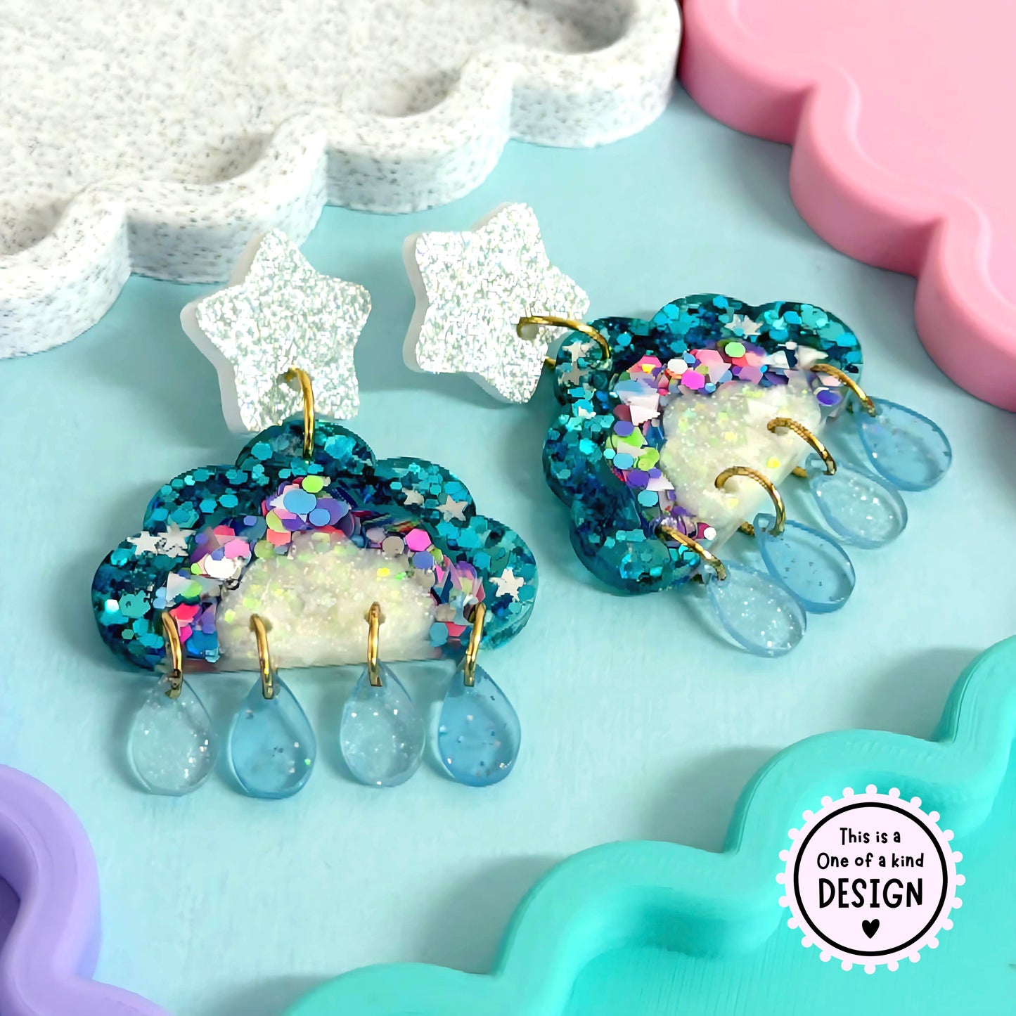 One of a Kind : IT’S RAINING RAINBOWS : Handmade Resin & Acrylic DROP Earrings