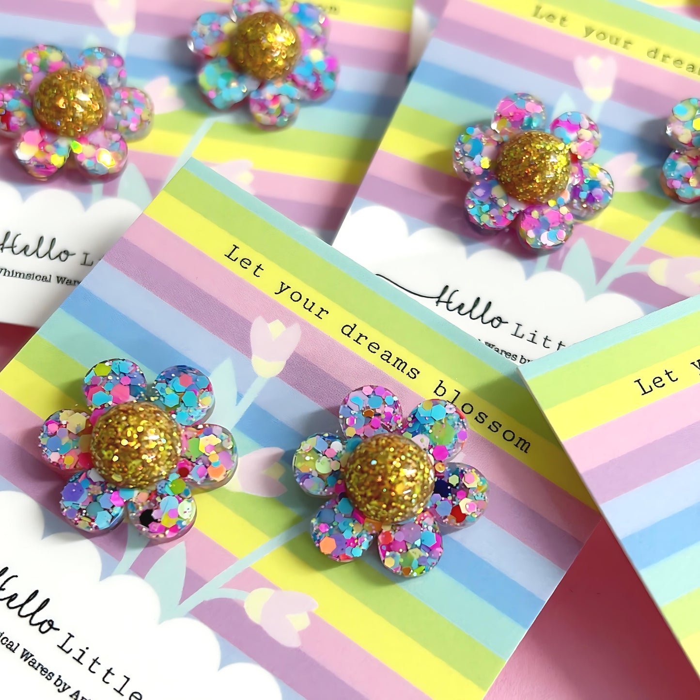 Last pair : LET YOUR DREAMS BLOSSOM : GOLD CONFETTI RAINBOW : Handmade Resin STUD Earrings