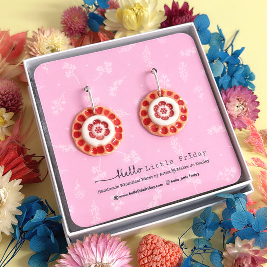 RUFFLE BLOSSOMS Tangerine Red ~ PORCELAIN Drop Earrings Handmade by Jo Kealley