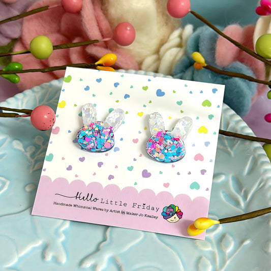 CONFETTI SHIMMER : BUNNY FACES : Handmade Resin Studs