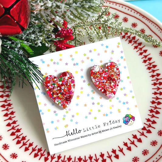 FESTIVE CONFETTI HEARTS : Medium : Handmade Resin Earrings