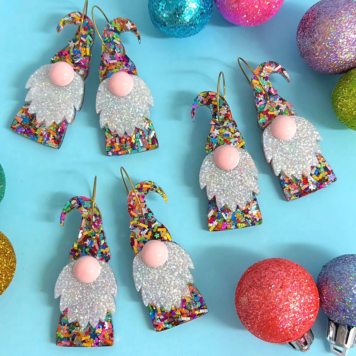 HELLO LITTLE SANTA GNOME : Rainbow Tinsel : Handmade Resin DROP Earrings