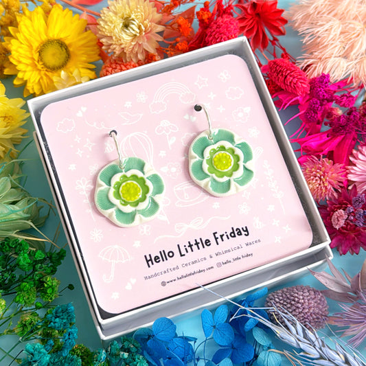 PEONIES Mint & Lime ~ One of a kind pair : PORCELAIN Drop Earrings Handmade by Jo Kealley