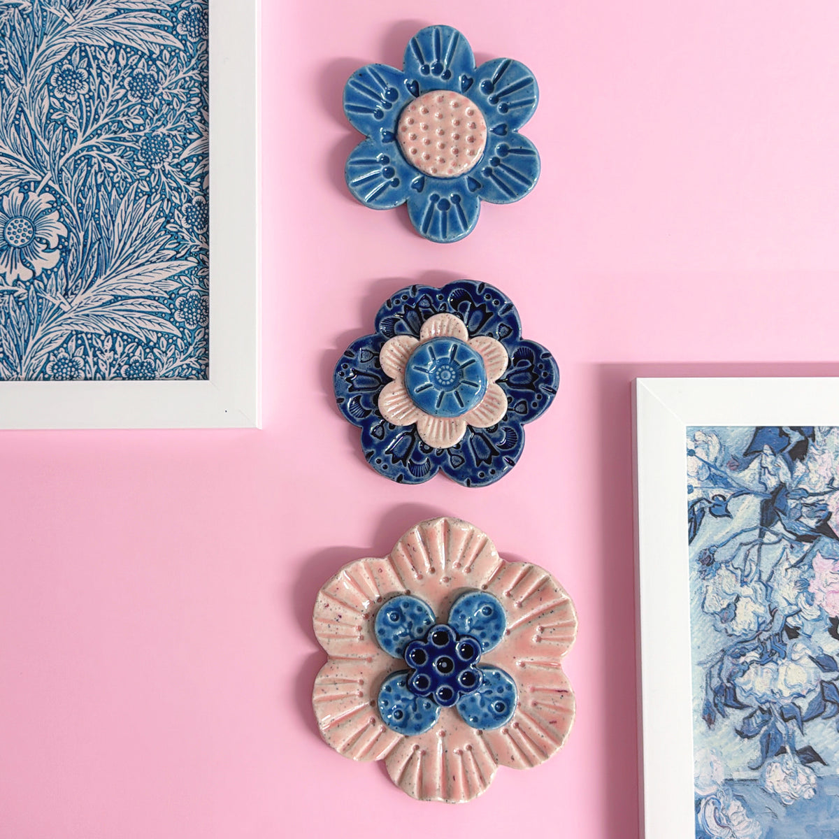 Petal Pink Denim Cobalt WALLFLOWERS Wall Art : Choose your design : Handmade Ceramic Ornaments by Jo Kealley