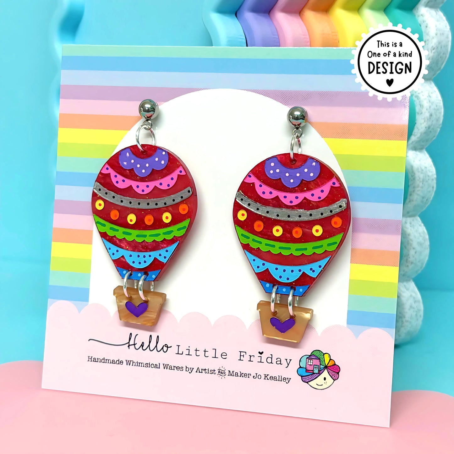 One of a kind pair - LET’S FLY AWAY : Hot Air Balloons : Handmade Resin & Acrylic Stud-top DROP Earrings