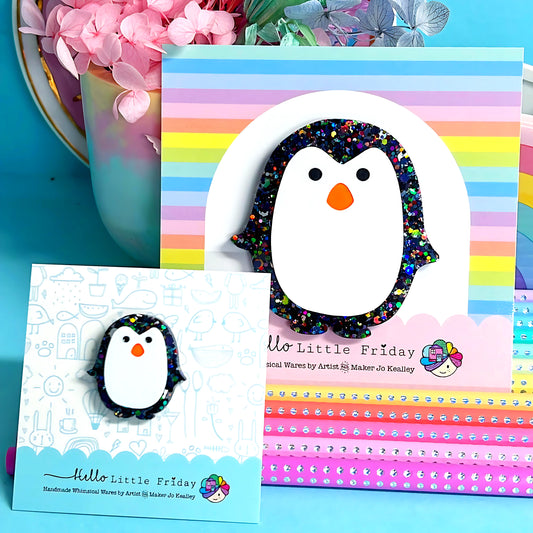 HELLO LITTLE PENGUINS : DAZZLING RAINBOW : Choose Pin or Brooch : Handmade Resin Accessories