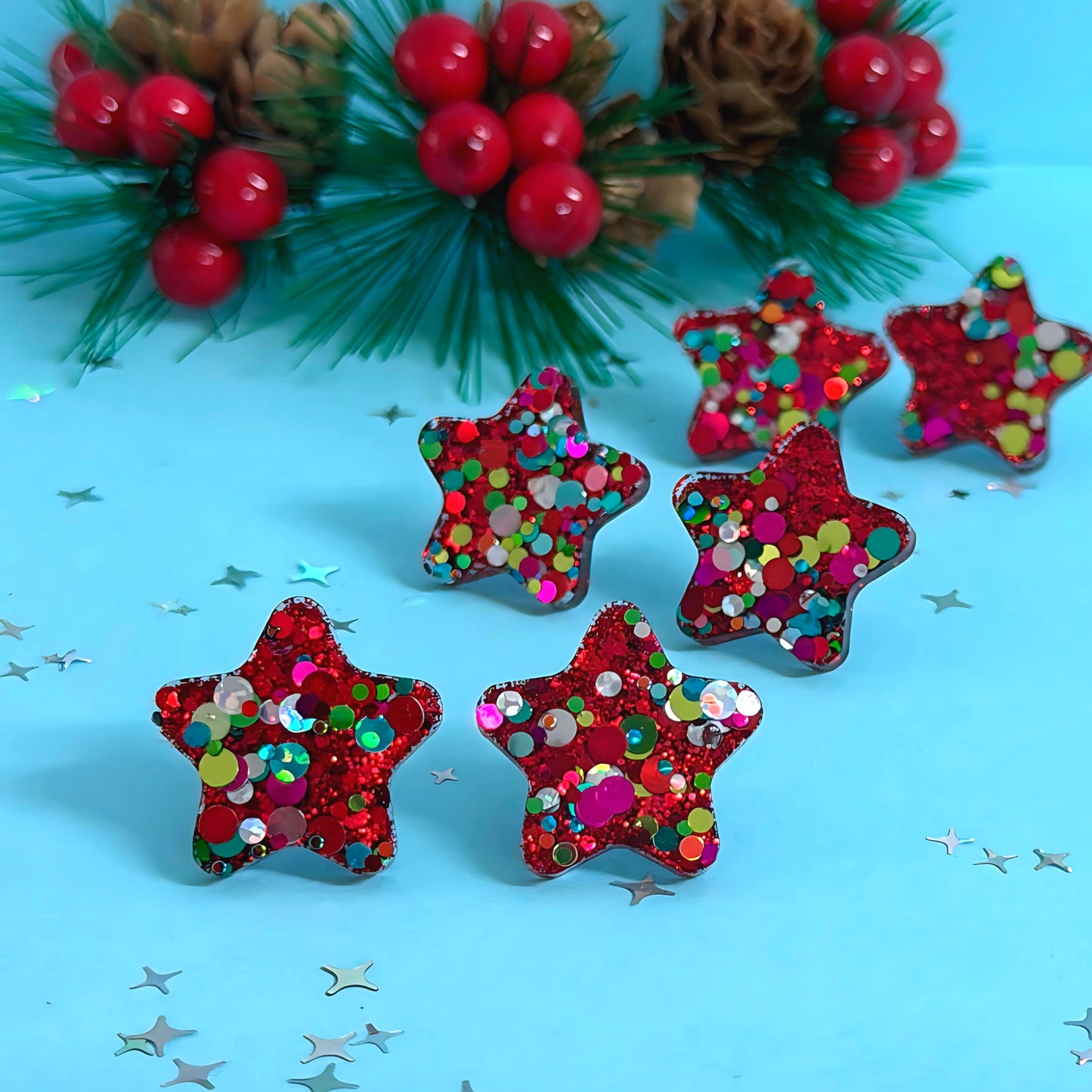 RUBY & EMERALD CONFETTI : FESTIVE STAR : Handmade Resin STUD Earrings