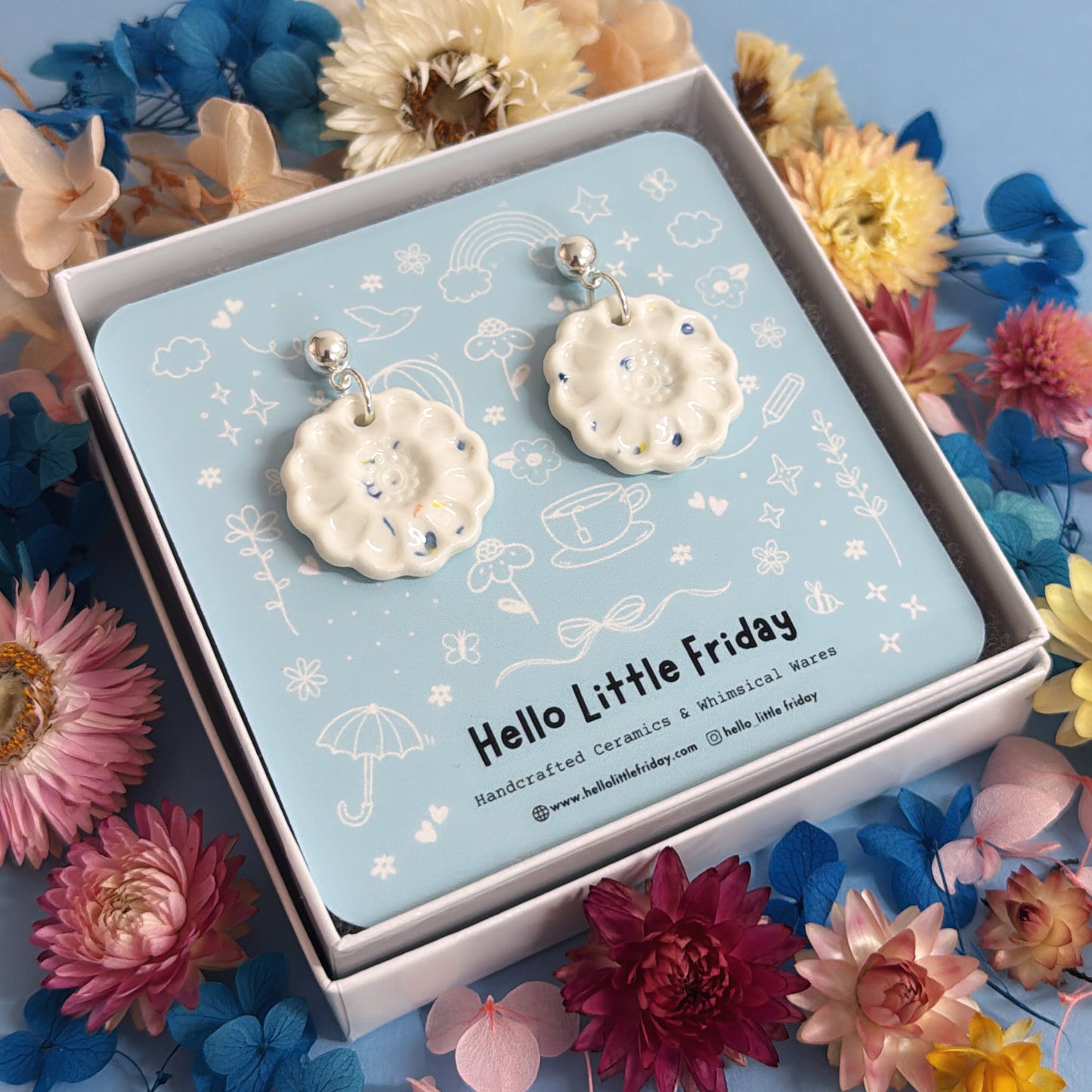 One of a kind : FORGET-ME-NOTS Winter White ~ PORCELAIN Drop Earrings by Jo Kealley