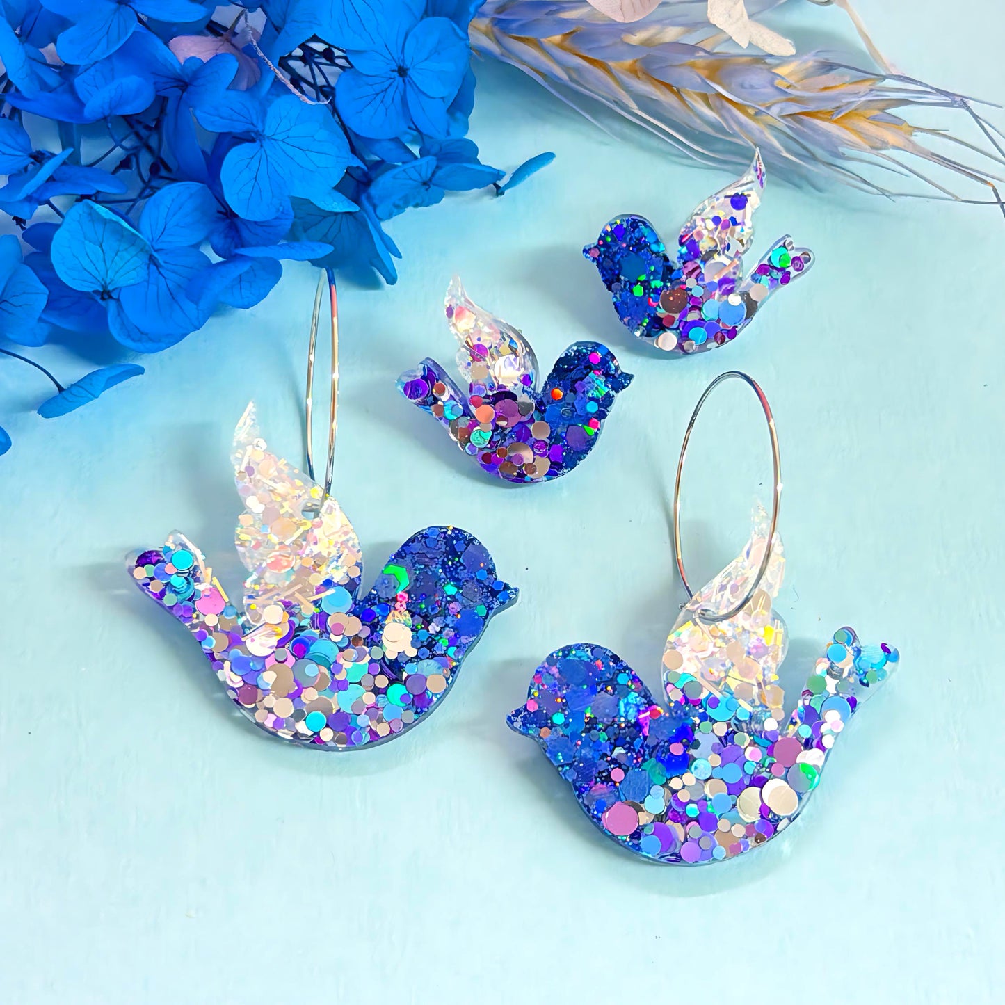 BLUEBIRD OF HAPPINESS : Choose STUD or DROP style: Handmade Holographic Resin Earrings