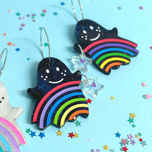 RAINBOW GHOSTIES : MIDNIGHT SHIMMER : Handpainted Acrylic & ResinDrop Earrings