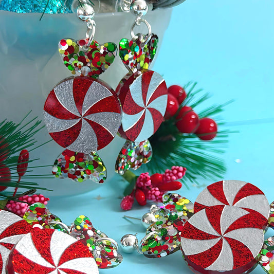 HELLO CHRISTMAS SWEETIE BON BONS : Peppermints : Handmade Resin & Acrylic DROP Earrings