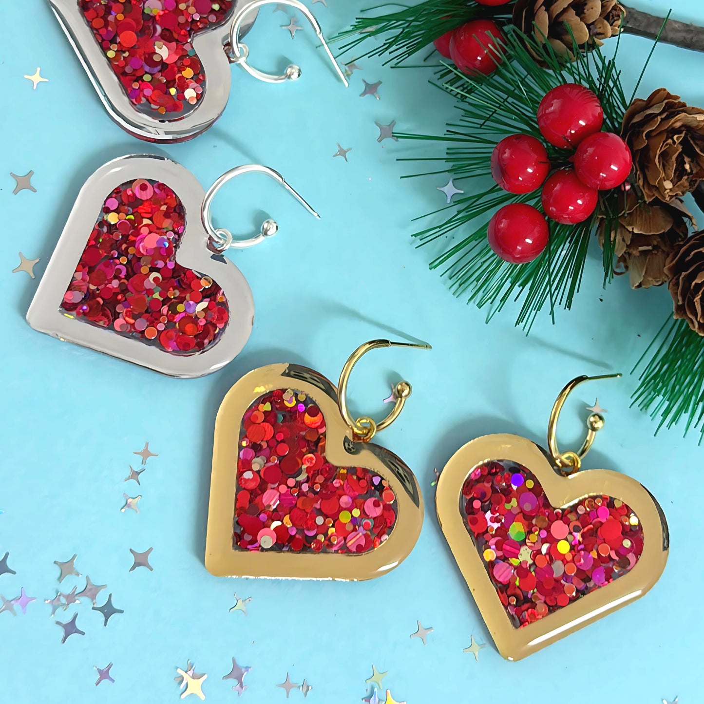 SCARLET CONFETTI HEARTS : Choose silver or Gold Handmade Resin & Acrylic DROP Earrings