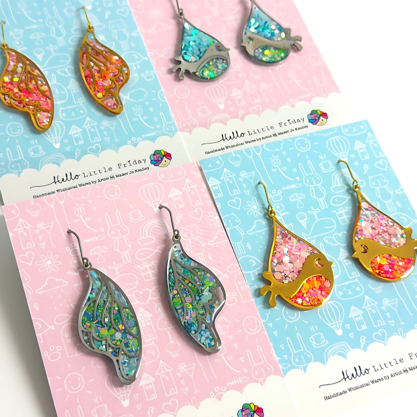 One of a Kind : WINGS & BLUEBIRDS : Handmade Resin DROP Earrings