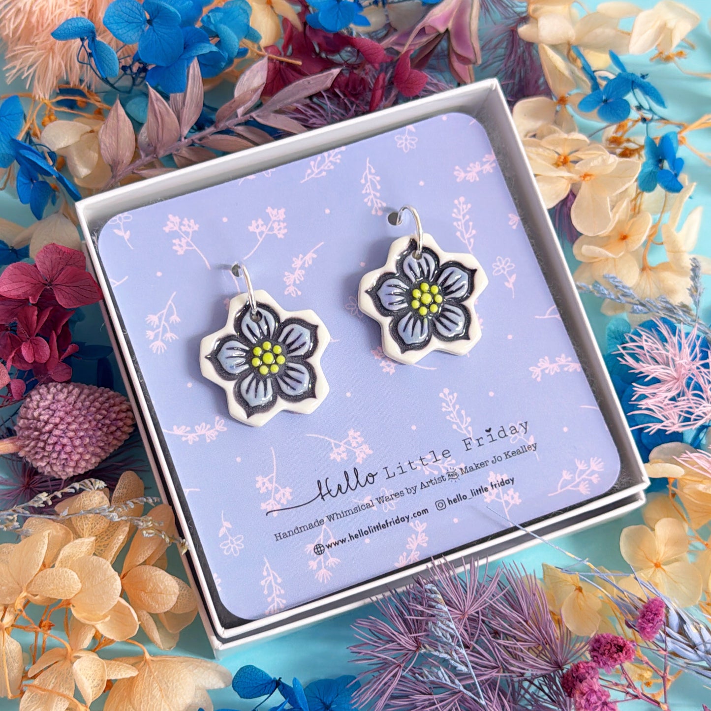 BUTTERCUPS Sky blue & Cornflower ~ PORCELAIN Drop Earrings Handmade by Jo Kealley