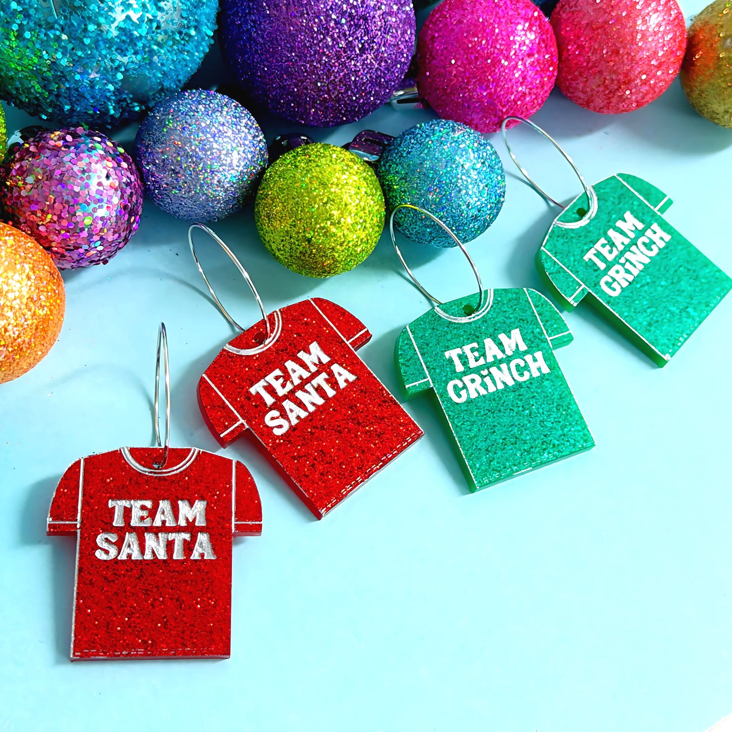 CHRISTMAS TEES : SANTA OR GRINCH : Choose your team : Handmade Acrylic DROP Earrings